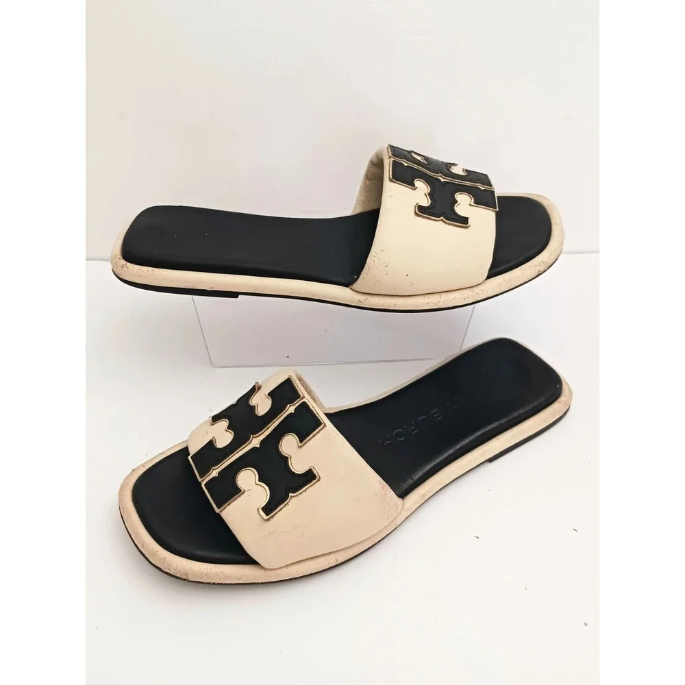 Tory Burch Double T Logo Sport Slide Cream/ Black Leather Wide Straps 7.5M